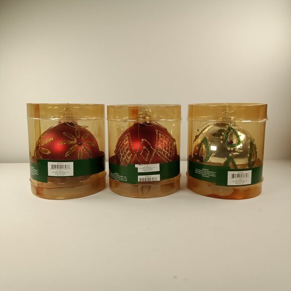 3 Christmas House Hand Painted Holiday Ball Ornaments w/ Glitter: 2 Red & 1 Gold - Picture 2 of 6